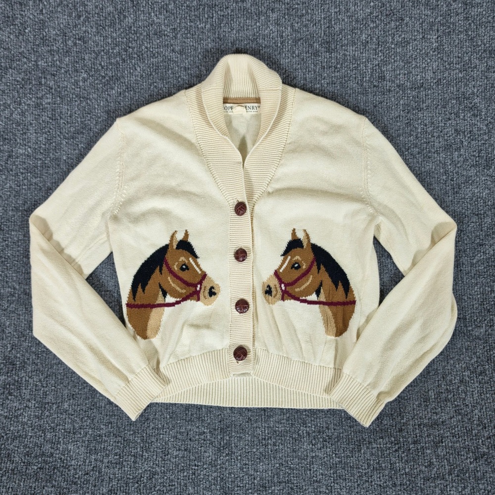 Hope & Henry Girls Cream Horse Intarsia Shawl Collar Cardigan Sweater Medium